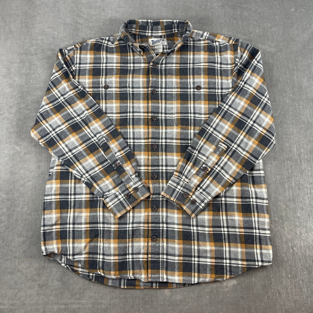 Duluth Trading Co Men XL Tall Gray Plaid Button Down Relaxed Fit Flannel Shirt
